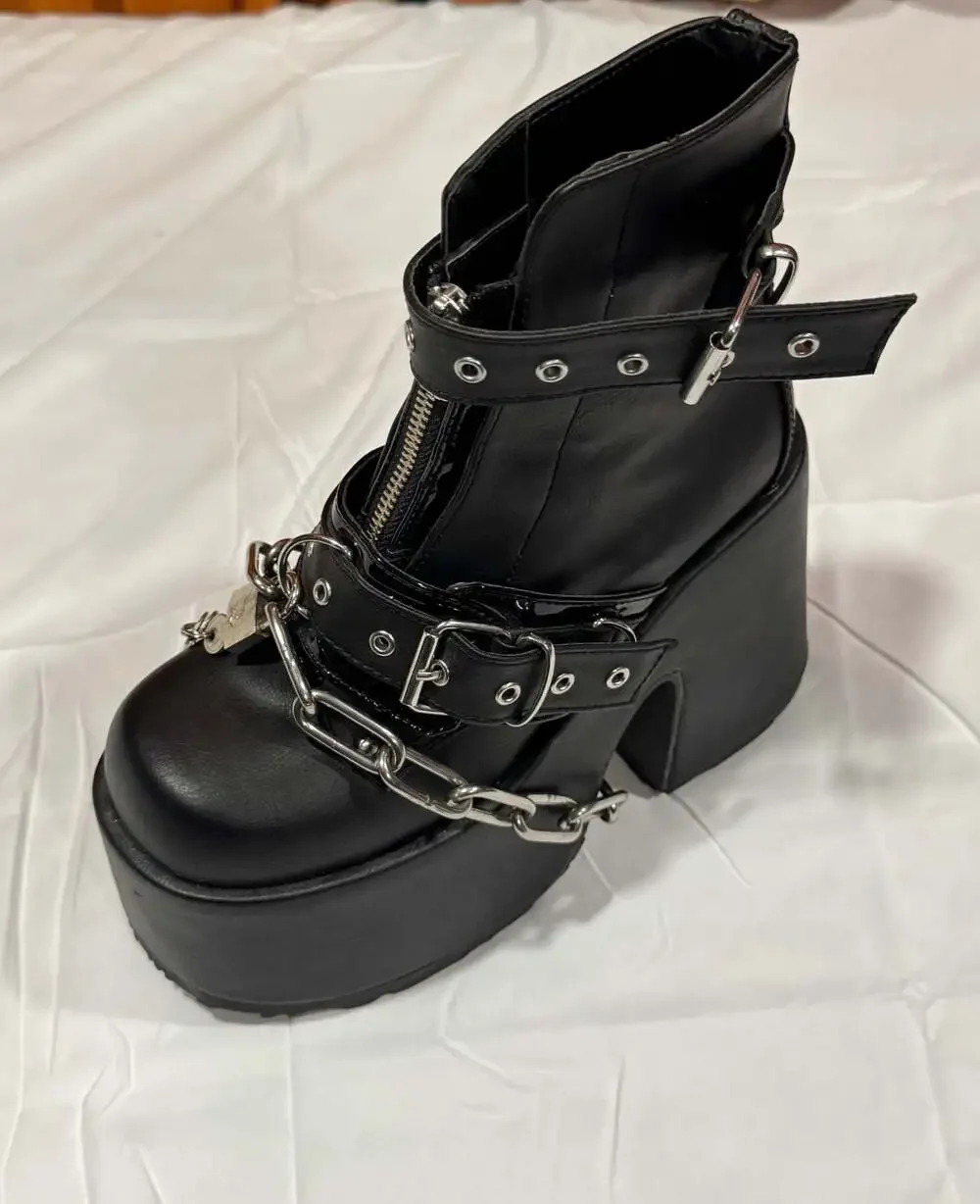 Demonia Camel-203 Black Vegan Leather Platform Boots with Chains and Padlock